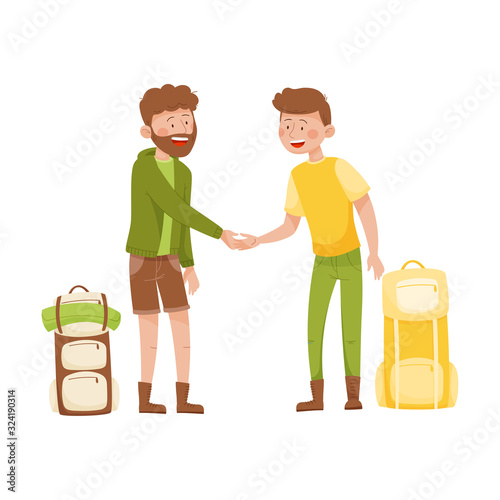 Two Young Men with Backpacks Shaking Hands with Each Other Vector Illustration