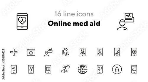 Online med aid icon set. Line icons collection on white background. Smartphone, doctor, gadget. Telemedicine concept. Can be used for topics like interface, healthcare service, medicine