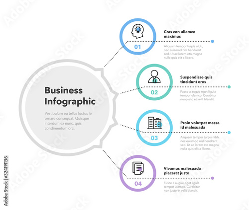Simple concept for business diagram with four steps and place for your description. Flat infographic design template for website or presentation.