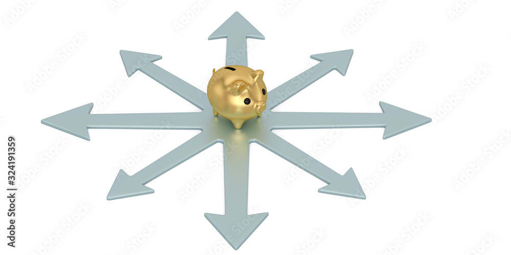 Arrow and piggy bank 3D rendering isolated on white background Arrow and piggy bank 3D rendering isolated on white background