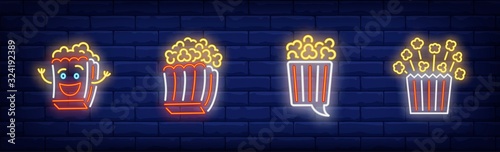 Popcorn bucket neon sign set. Cartoon character, explosion, speech bubble. Vector illustration in neon style, bright banner for topics like cinema, movie watching, entertainment