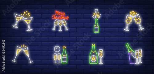 Christmas toast neon sign set. Fizzy wine, bottle, flutes, cocktail. Vector illustration in neon style, bright banner for topics like Xmas, New Year party, holiday