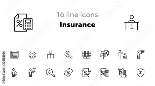 Insurance line icon set. Businessman, investor, paper, loan agreement. Business concept. Can be used for topics like finance, protection, investment, saving, deposit