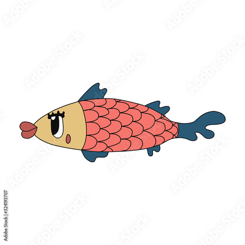 Cartoon fish. The funniest character.Hand-drawn vector illustration.isolated on a white background.You can use it to design mugs, postcards,children s clothing, t-shirt design, and fabrics.