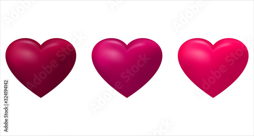 Set of realistic hearts shades of crimson, pink color for Valentine's day design on a white isolated background
