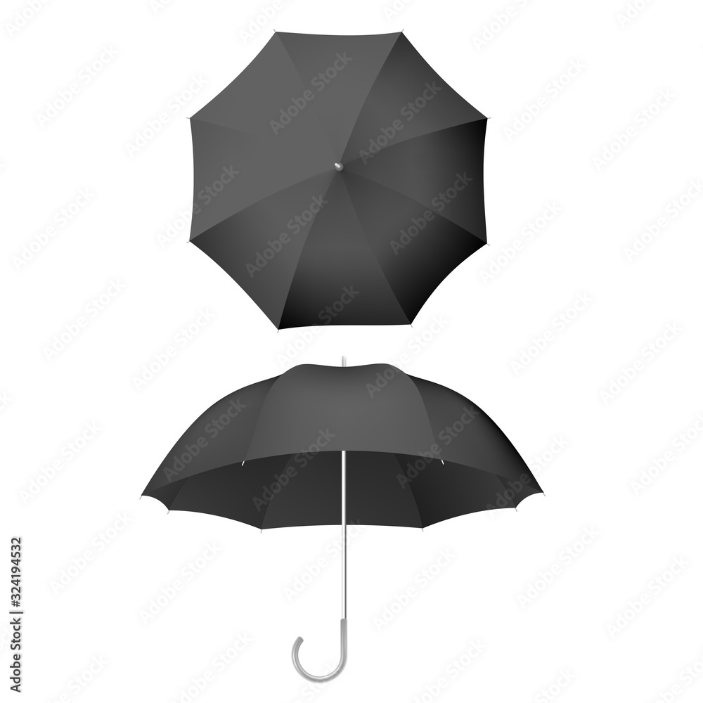 Black umbrella and parasols realistic isolated on white. Design template of opened parasols for mock-up. EPS 10