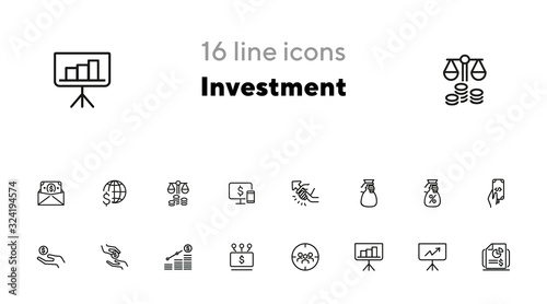 Investment line icon set. Cash, interest rate, loan, graph. Business concept. Can be used for topics like finance, startup, banking, reports