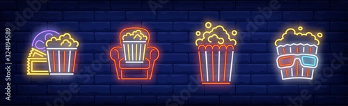 Popcorn neon sign set. Bucket, armchair, ticket, 3d glasses. Vector illustration in neon style, bright banner for topics like cinema, movie watching, entertainment