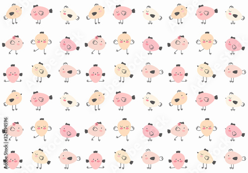 Seamless pattern of cute cartoon Easter chickens in various poses on a white background. Easter spring background. Funny birds for children s decoration. Design textiles, fabric, packaging. Hand drawn