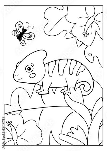 Coloring page for kids. Jungle animals. Cartoon chameleon with butterfly and exotic flowers. Educational game.