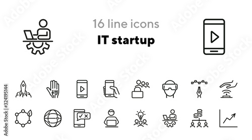 IT startup line icon set. Rocket, idea, digital device, networking. Information technology concept. Can be used for topics like new project, launch, development