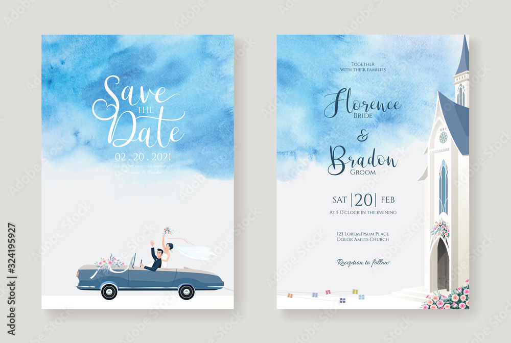 Set of wedding cards, Invitation, save the date template. Newlywed couple  is driving a convertible, after Church ceremony image with blue watercolour  background. Vector. Stock Vector | Adobe Stock