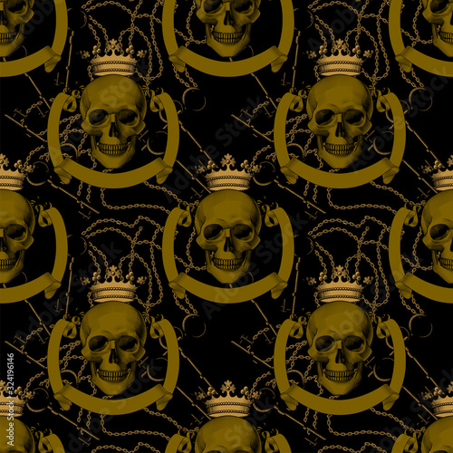Engraving human death skull in crown. Seamless pattern.