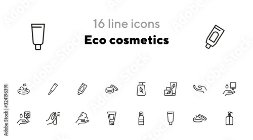 Eco cosmetics line icon set. Set of line icons on white background. Nature concept. Cream, gel, perfume. Vector illustration can be used for topics like ecology, green, natural cosmetics