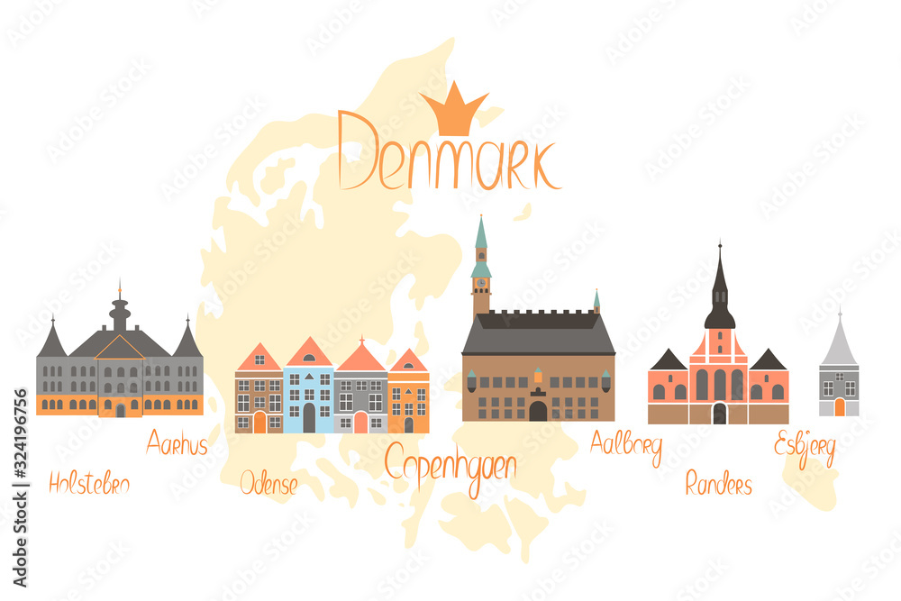 Banner with Danish famous places with map background. Illustrated poster in a flat style. Great for postcard, sticker, banner.