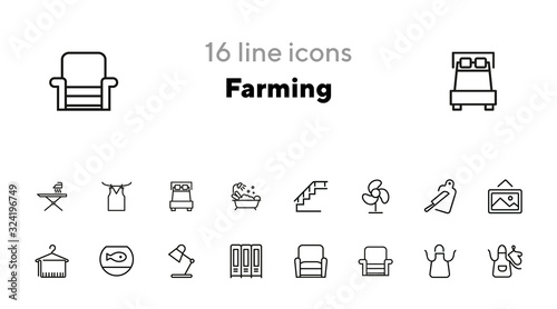 Farming line icon set. Set of line icons on white background. Nature concept. Pig, horse, food, product. Nature concept. Vector illustration can be used for topics like environment, farm, production