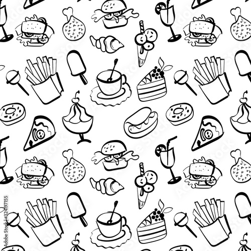 Fast food vector seamless pattern on white background.