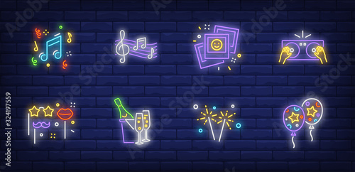 Party neon sign set with air balloons, DJ mixer, music notes, masks on sticks. Vector illustration in neon style, bright banner for topics like anniversary, birthday, celebration