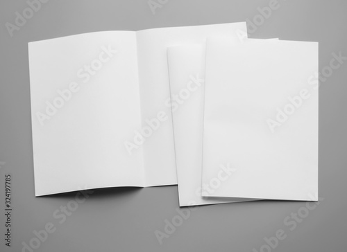 Poster mock-ups paper, white paper isolated on gray background, Blank portrait paper A4. brochure magazine , can use banners products business texture background for your. newspaper