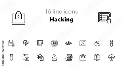 Hacking line icon set. Programmer, computer, memory stick. Information technology concept. Can be used for topics like antivirus, data safety, programming