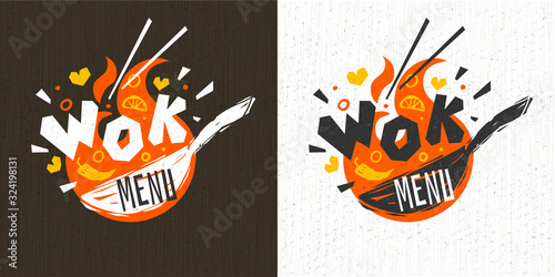 Wok asian food logo, Wok pan, lettering, pepper, vegetables, Cook wok dish fire background logotype design. Hand drawn vector illustration.