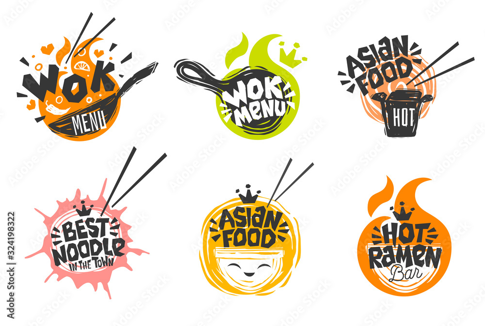 Wok asian food logo, Wok pan, plate, box, sticks, lettering, pepper,  vegetables, Cook wok dish noodle ramen fire background logotype design.  Hand drawn vector illustration. Stock Vector | Adobe Stock