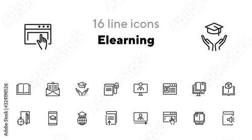 E-learning line icon set. Audio book, diploma, webinar. Education concept. Can be used for topics like studying online, technology, communication