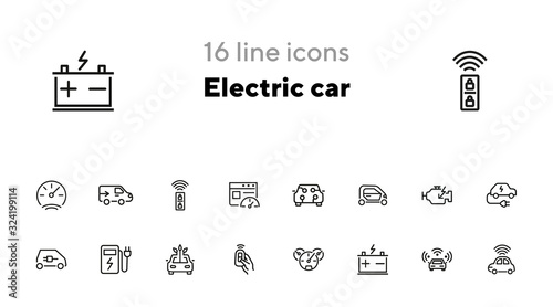 Electric car line icon set. Vehicle, engine, battery, charging station. Transport concept. Can be used for topics like ecology, city, car service, bio fuel