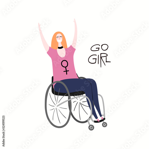 Hand drawn vector illustration of a beautiful woman in wheelchair, with quote Go girl. Isolated people on white. Flat style design. Concept, element for feminism, inclusivity, womens day card, poster