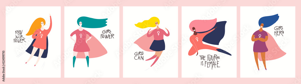 Fototapeta Set of womens day card, banner designs with beautiful women superheroes and quotes. Hand drawn vector illustration. Flat style. Concept, element for feminism, girl power. Female cartoon characters.