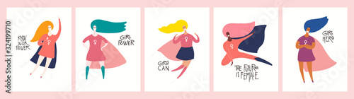 Fototapeta Set of womens day card, banner designs with beautiful women superheroes and quotes. Hand drawn vector illustration. Flat style. Concept, element for feminism, girl power. Female cartoon characters.