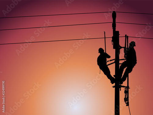 The silhouette of lineman are replacing damaged insulator insulators by using insulated wire-tong sets, tie stick and robe box sets in sliding wires going out in a safety working distance.
