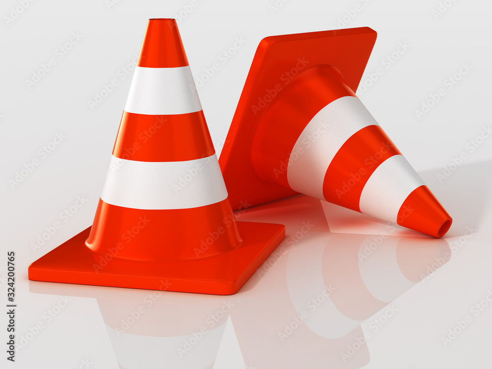Two safety cones. 3D Illustration. Two safety cones. 3D Illustration.