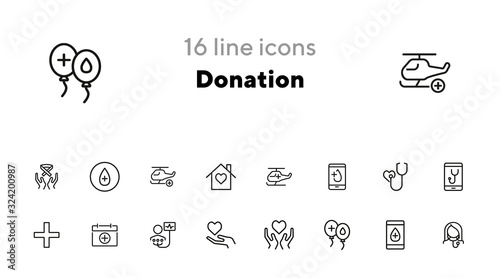 Donation line icon set. Blood, heart, hand, doctor, hospital. Volunteering concept. Can be used for topics like medical help, aid, assistant