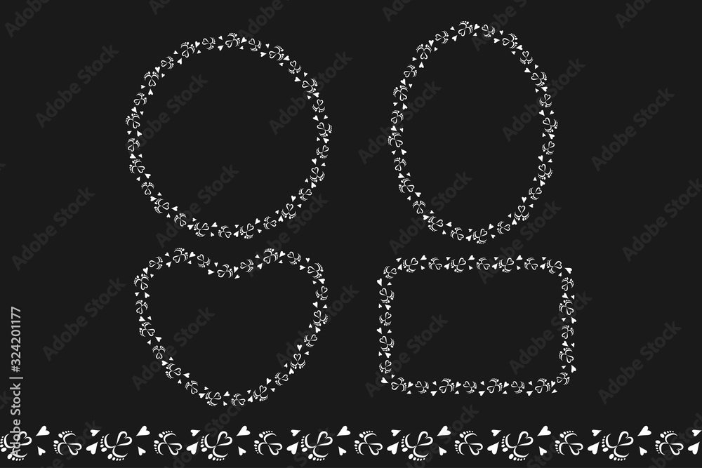Set of lacy frames with baby feet and heart and ribbon pattern brush. Vector illustration. Set of lacy frames with baby feet and heart and ribbon pattern brush. Vector illustration.