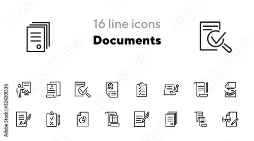 Documents line icon set. Set of line icons on white background. Office concept. Contract, report, clipboard. Vector illustration can be used for topics like office job, meeting, postal