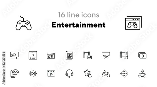 Entertainment line icon set. Cinema, multimedia file, game controller. Leisure concept. Can be used for topics like media content, movie watching, video game