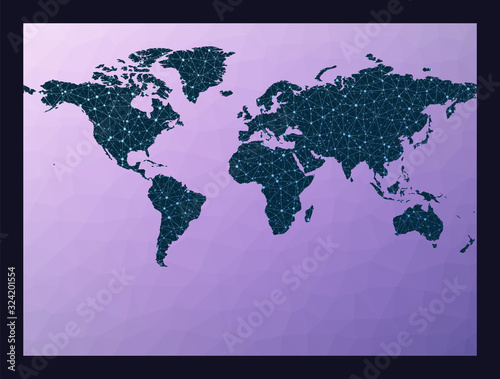 World map graph in Miller cylindrical projection. World network map. Wired globe in Miller projection on geometric low poly background. Trendy vector illustration.