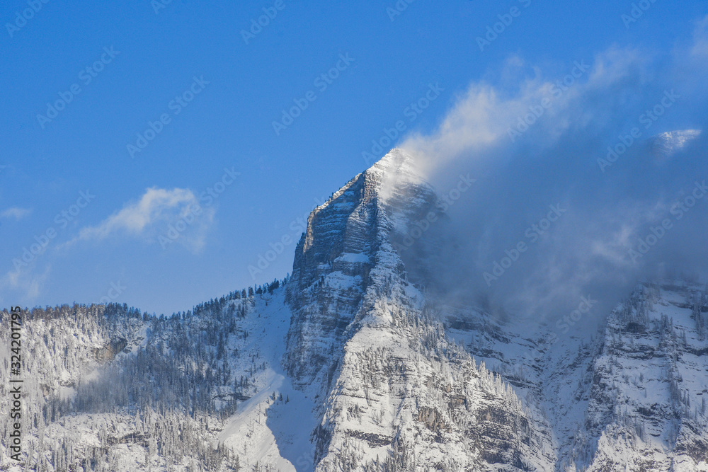 Detail of mountain face with rocks, snow and trees, in Styria region, Austria