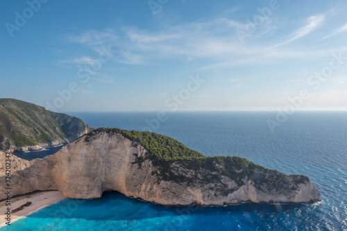 Panoramic view from the cliff of Navagio, shipwreck beach in Zante, Zakynthos, Greece
