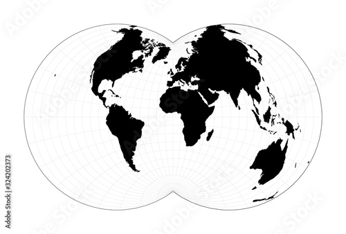 World map with longitude lines. Nicolosi globular projection. Plan world geographical map with graticule lines. Vector illustration.