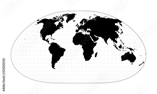 World map with graticule lines. Loximuthal projection. Plan world geographical map with graticlue lines. Vector illustration. © Eugene Ga