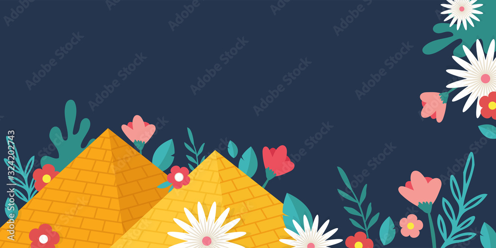 Jewish Passover holiday,Pesah celebration concept. Jewish banner with Egypt pyramids as a sign for Jew exodus from Egypt and spring flowers. vector illustration Jewish Passover holiday,Pesah celebration concept. Jewish banner with Egypt pyramids as a sign for Jew exodus from Egypt and spring flowers. vector illustration
