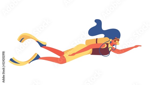 Woman with blue hair diving. Isolated sport character with aqualung or scuba gear and flippers.