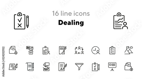 Dealing line icon set. Funnel, contract signing, handshake. Business concept. Can be used for topics like agreement, paperwork, money making