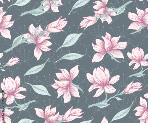 Seamless pattern with hand drawn pink flowers