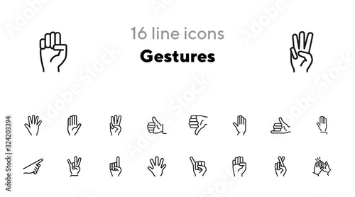Gestures line icon set. Hand, dislike, pointing with finger, fingers crossed. Body language concept. Can be used for topics like approval, signs, gesturing