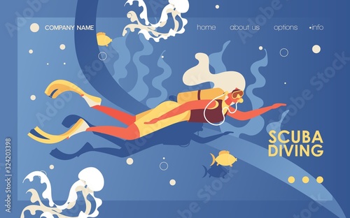 Vector banner with young woman diving with scuba gear. Blue background, jellyfish, fish and bubbles, seaweed. Flat character with aqualung