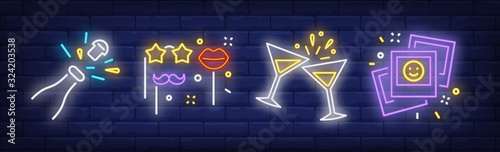 Festive party neon sign set. Fizzy wine bottle opening, masks on sticks, pictures. Vector illustration in neon style for topics like New Year, carnival, masquerade