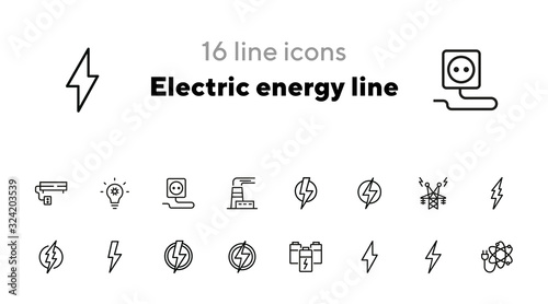 Electric energy line icon. Set of line icons on white background. Power, electricity, lightning. Energy resource concept. Vector illustration can be used for topics like power, electricity, signboards
